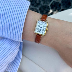 Square Rectangular Roman Numeral Vintage Women watch, Tan Brown Faux Leather Band, White Dial, Vintage Design, Present for Her, Gift for Her