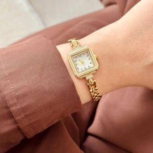 Square Rectangular Vintage Women watch, Gold Colour Woman Watch, Present for Her, Gift for Her, Steel Watch, White Dial