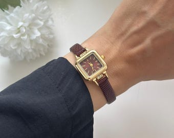 Square Vintage Watch, BurgundyLeather Band, Burgundy Roman Numeral Dial