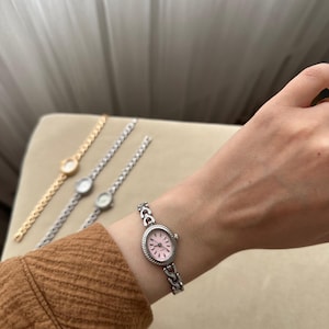 Orologio da donna regolabile, orologio da polso da donna color argento, design vintage, regalo per lei, regalo per lei, orologio in acciaio, quadrante rosa, Natale