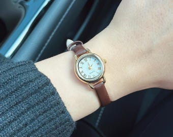 Square Vintage Women watch, Brown Faux Leather Band, White Dial, Vintage Design, Present for Her, Gift for Her, Roman Numeral