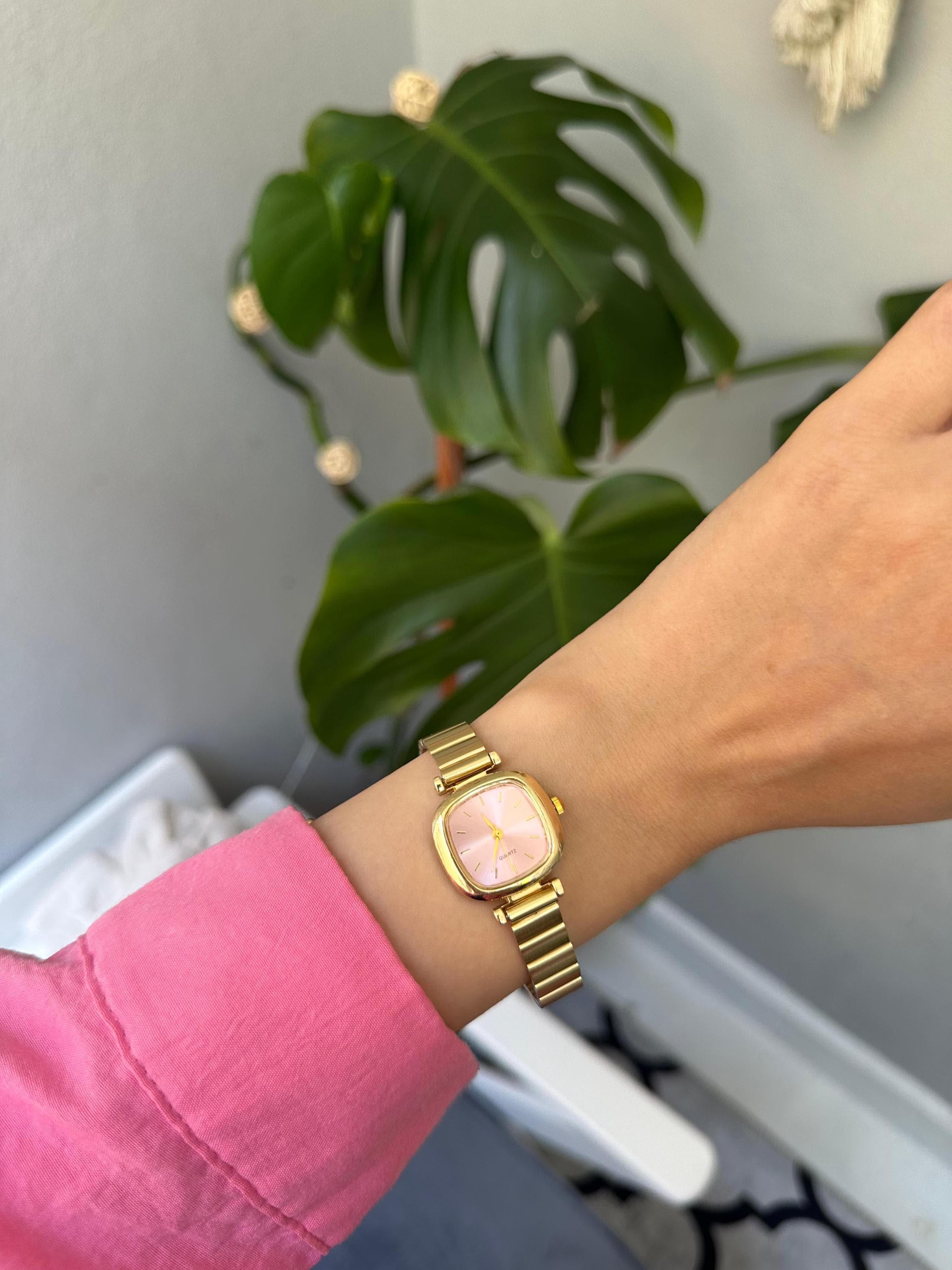 Square Rectangular Vintage Women watch, Gold Colour Woman Watch, Present for Her, Gift for Her, Steel Watch, Pink Dial