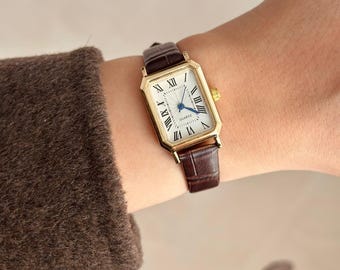 Square Rectangular Vintage Women watch, Brown Faux Leather Band, White Dial, Vintage Design, Present for Her, Gift for Her, Roman Numeral