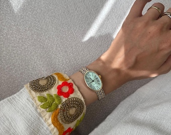 Oval Adjustable Women Watch, Gold-Silver Colour Woman Wrist Watch-Vintage Design, Present for Her, Gift for Her, Green Dial