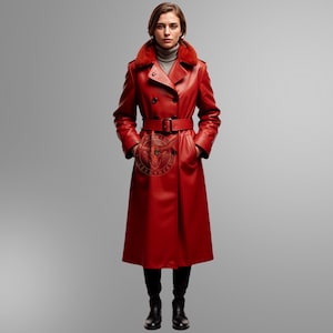 Premium Red Leather Trench Coat for Women | Double-Breasted Leather Coat with Fur Collar | Customizable Red Leather Coat | Magic Leather