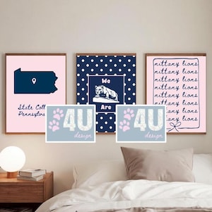 May include: Three framed prints with a Penn State theme. One features the Pennsylvania outline, another has a lion and the words "We Are", and the third repeats "nittany lions". Two smaller prints say "4U design".