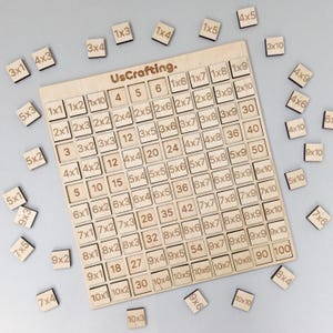 Könnte beinhalten: Multiplikationstabelle aus Holz mit einzelnen Kacheln. Die Haupttafel hat ein Raster mit Multiplikationsaufgaben und Antworten. Die um die Tafel verstreuten Kacheln haben Multiplikationsaufgaben. Der Text "UsCrafting" befindet sich auf der Tafel.