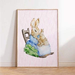 Vintage Mother Rabbit Art, Peter Rabbit Print, Coquette Nursery Printable, Bunny Nursery Art, Cottagecore Wall Decor, Antique Nursery Print