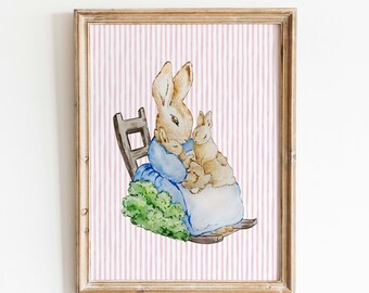 Vintage Mother Rabbit Digital Print: Cottagecore Farm Animal, Baby Girls Room Decor, Children's Art