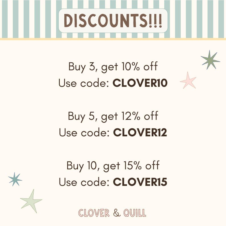 May include: A promotional graphic with the text "DISCOUNTS!!!" at the top. It lists discount offers: Buy 3, get 10% off (CLOVER10), Buy 5, get 12% off (CLOVER12), and Buy 10, get 15% off (CLOVER15). The brand name "CLOVER & QUILL" is at the bottom.