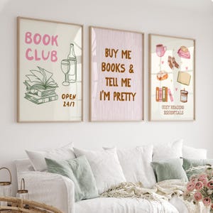Galería de pared con temática de libros, paquete de 3 impresiones artísticas, impresiones artísticas para amantes de los libros, decoración para clubes de lectura, regalos para lectores, decoración del hogar Coquette, Book tok, Book Ish
