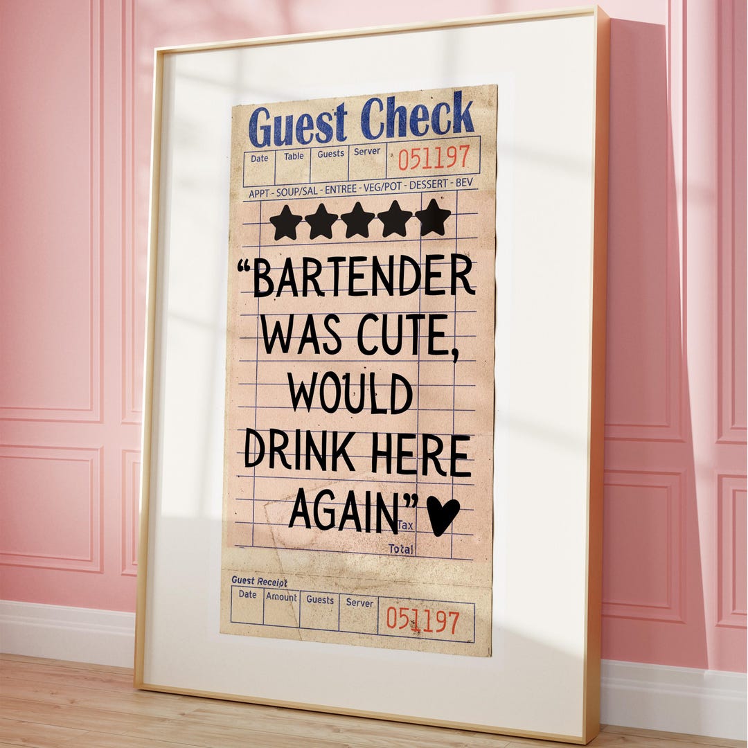 Bartender Was Cute Guest Check Digital Print: Aesthetic Apartment Wall ...