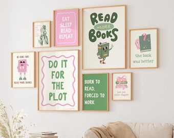 Pacchetto di 8 stampe digitali per amanti dei libri: accogliente angolo lettura, parete galleria, poster sui libri