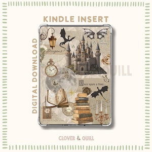 May include: Kindle insert with a fantasy theme. The design features a castle, dragons, butterflies, an open book, and a stack of books. Text includes "Kindle Insert", "Digital Download", "Dragons", and "Once upon a time..."