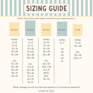 May include: A sizing guide chart with aspect ratios and corresponding inch and centimeter measurements. Includes 3:4, 2:3, 4:5, ISO, and 11 x 14 ratios. The text "SIZING GUIDE" is at the top, with the Clover & Quill logo at the bottom.