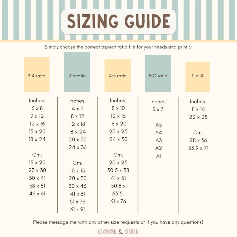 May include: A sizing guide chart with aspect ratios and corresponding inch and centimeter measurements. Includes 3:4, 2:3, 4:5, ISO, and 11 x 14 ratios. The text "SIZING GUIDE" is at the top, with the Clover & Quill logo at the bottom.
