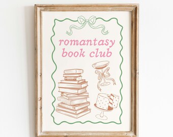 Digitale print boekenclub Romantasy: leesgrage wanddecoratie, gezellige leeskamerposter, lezersmerchandise