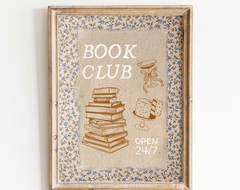 Book Club Digital Print: Vintage Bookish Wall Decor, Reading Room Poster, Readers Merch