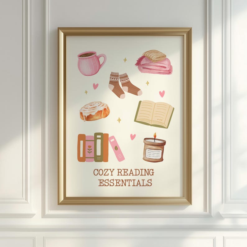 May include: A digital illustration of cozy reading essentials, including a cup of coffee, a book, a candle, a cinnamon roll, a blanket, and a pair of socks. The text "Cozy Reading Essentials" is at the bottom of the image.