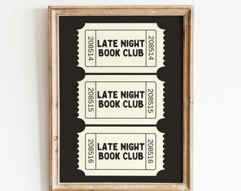 Book Club Tickets Digital Print: Bookish Wall Decor, Cozy Reading Room Poster, Readers Merch