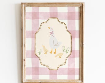 Silly Goose Nursery Digital Print: Gingham Cottagecore Baby Room Decor, Pink Children's Room, Vintage