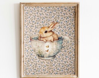 Vintage Bunny Digital Print: Cottagecore Farm Animal, Baby Girls Room Decor, Children's Art