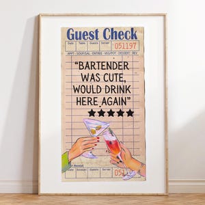 Bartender Was Cute Guest Check Print, Trendy Wall Art, Apartment Aesthetic Poster, Dorm Room Decor, Kitchen Art, Bar Cart Decor, Retro Bar