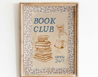 Book Club Digital Print: Vintage Bookish Wall Decor, Reading Room Poster, Readers Merch