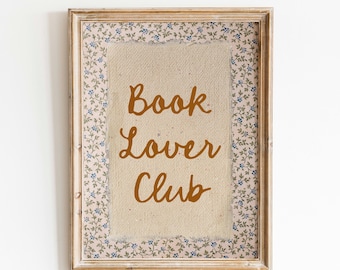 Digitale print Book Lover Club: vintage leesgrage wanddecoratie, leeskamerposter, lezersmerchandise