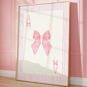 Trendy roze strikken muurkunst, girly speelkaart, preppy poster, kamerdecoratie coquette, prints universiteitsappartement, aquarel strikken muurdecoratie