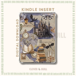 Puede incluir: Inserto Kindle con temática de fantasía. El diseño presenta un castillo, dragones, mariposas y un libro abierto. El texto incluye "Kindle Insert", "Digital Download", "Dragons" y "Once upon a time..."