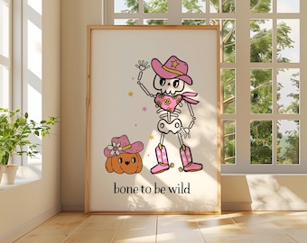 Bone To Be Wild ハロウィンカウガールスケルトンデジタルプリント：クラシックハロウィンウォールアート