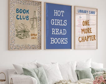 Pacchetto di 3 stampe digitali per amanti dei libri: accogliente angolo lettura, parete galleria, poster sui libri