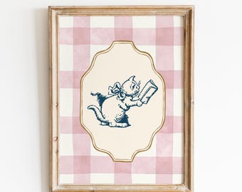 Vintage Cat Reading Digital Print: Bookish Decor, Home Library Poster, Readers Gift, Gingham Art