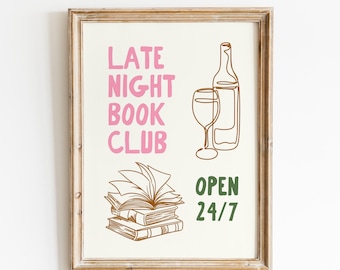 Late Night Book Club Digital Print: Bookish Wall Decor, Reading Room Poster, Readers Merch
