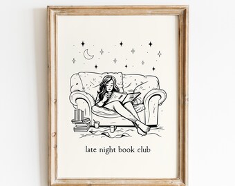 Late Night Book Club Digital Print: Cozy Reading Room Poster, Readers Merch, Bookish Decor