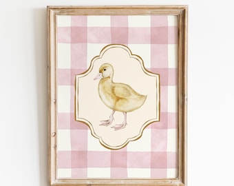 Duck Nursery Digital Print: Gingham Cottagecore Baby Room Decor, Pink Children's Room, Vintage