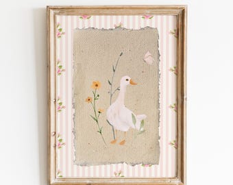 Silly Goose Nursery Digital Print: Vintage Floral Cottagecore Baby Room Decor, Pink Children's Room