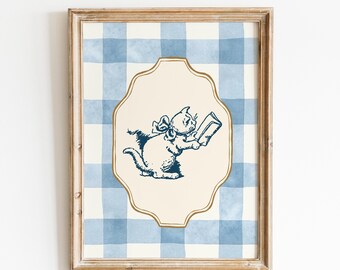 Vintage Cat Reading Digital Art Print: Bookish Decor, Home Library Poster, Readers Gift, Gingham