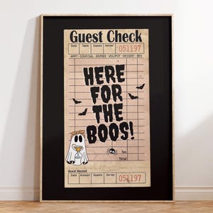 Modny czek gościa, tutaj dla Boos Print, zabawny Halloween, plakat z drinkiem na Halloween, czek gościa, dekoracja wózka barowego, sztuka koktajlowa na Halloween