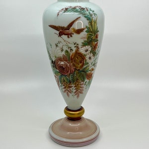 Antique Victorian Bristol Glass Enamel Painted Mantel Vase