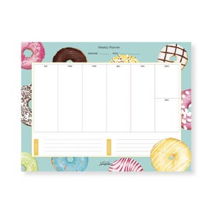 May include: A weekly planner with a light blue background and colourful donut illustrations. The planner has spaces for each day of the week, labelled 'Sun', 'Mon', 'Tue', 'Wed', 'Thu', 'Fri', 'Sat', and 'Sun'.