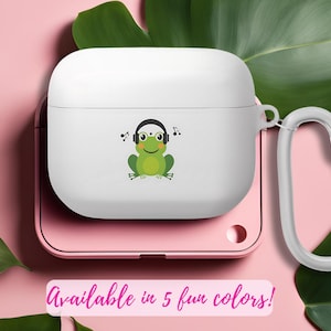 Bonita funda para Airpods Pro con forma de rana que escucha música y asa de metal, con nombre personalizado, funda para Airpods de 1.ª y 2.ª generación, regalo para estudiantes universitarios