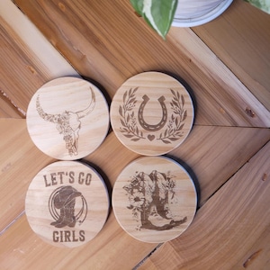 Western Cowgirl laser engraved wood coasters - Set of four