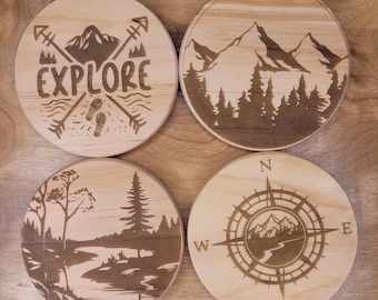 Laser engraved Nature Themed Wood Coasters - Set of four