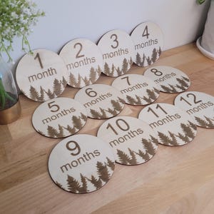 Marqueurs d'étapes mensuelles pour bébé | Disques Milestone | Bonjour tout le monde | Cartes d'étape | Disques jalons en bois | Disques Forest Milestone