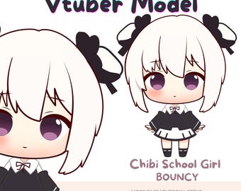May include: Illustration of a chibi school girl with white hair, purple eyes, and a black and white school uniform. The image includes the text "LIVE2D Vtuber Model" and "Chibi School Girl BOUNCY".