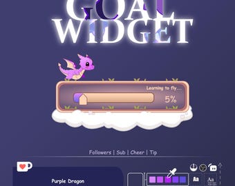 May include: Purple dragon character illustration with a progress bar that reads "Learning to fly... 5%". The progress bar is on a cloud with a light brown background. The text "GOAL WIDGET" is at the top of the image. Below the progress bar is the text "Followers | Sub | Cheer | Tip". Below that is a purple box with the text "Purple Dragon". There are several customization options below the purple box, including "Bar Resize", "Color Picked", and "Select Font".