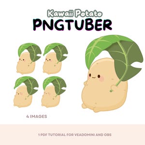 Puede incluir: Kawaii Potato PNGTuber, un conjunto de ilustraciones digitales con un personaje de patata de dibujos animados con un paraguas de hoja verde. El conjunto incluye cuatro imágenes de la patata en diferentes poses.