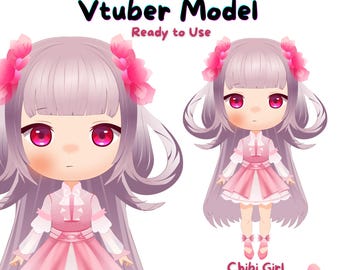 May include: A digital illustration of a chibi character with pink hair, a pink dress, and red eyes. The character is shown in two poses, one with a neutral expression and the other with a slightly surprised expression. The text "LIVE2D Vtuber Model Ready to Use" is displayed above the character. The text "Chibi Girl" is displayed below the character. The text "MOCS FILES | TUTORIAL HOW TO SETUP | OBS" is displayed below the text "Chibi Girl".
